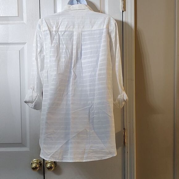 TOMMY HILFIGER BOYFRIEND FIT WHITE ON WHITE BUTTON DOWN BLOUSE  Sz M - Picture 4 of 5